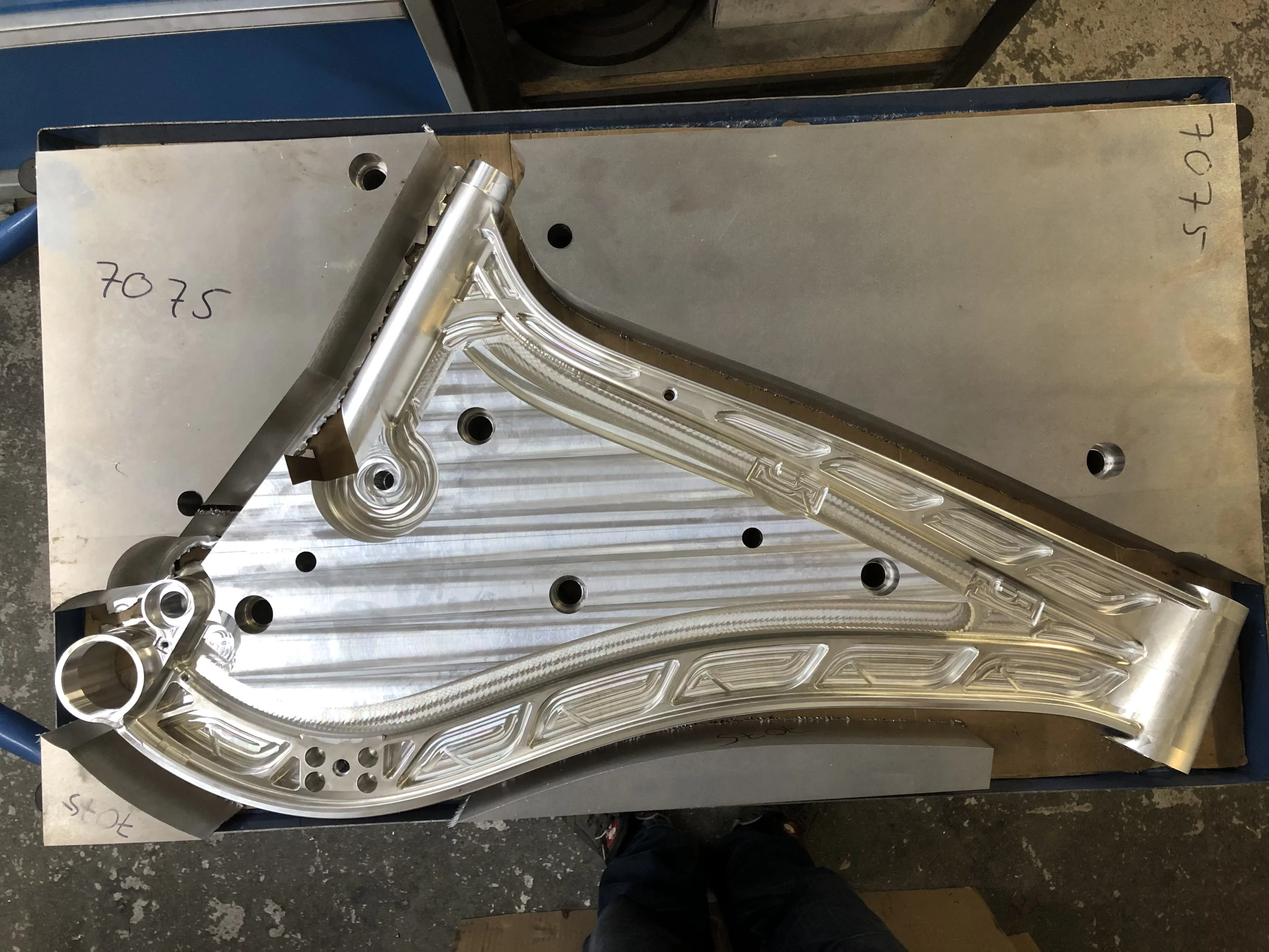 The frame's main triangle, in the process of being milled – the other sections of the frame are milled from the same block of aluminum