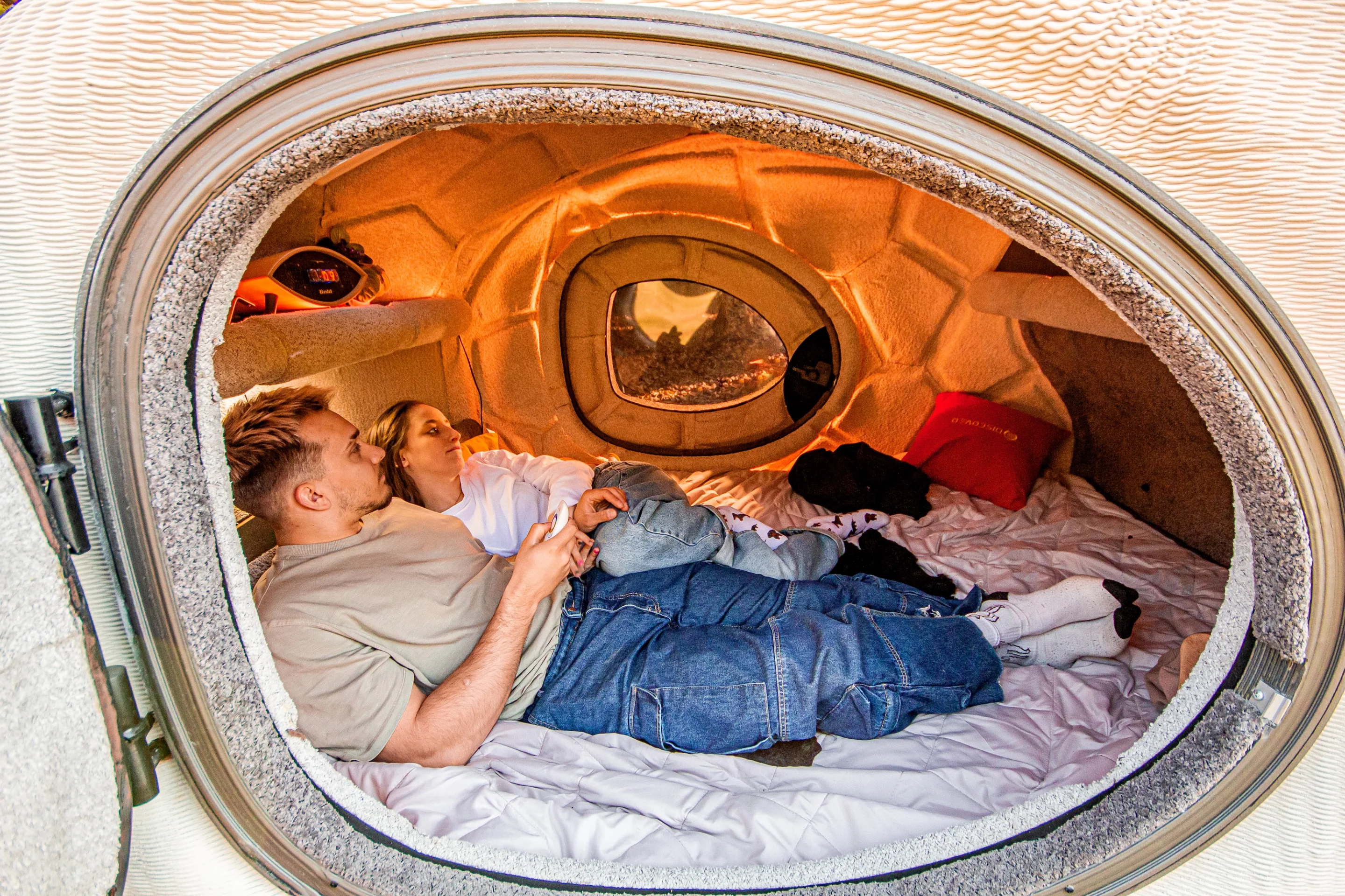 The Discover 3D's cozy interior includes the main bed, plus some shelving and storage space