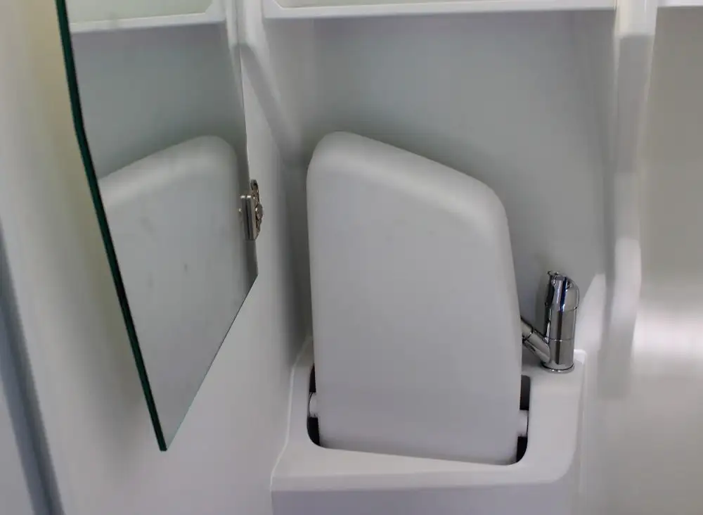 Space-saving foldaway sink in the VW Grand California wet bath