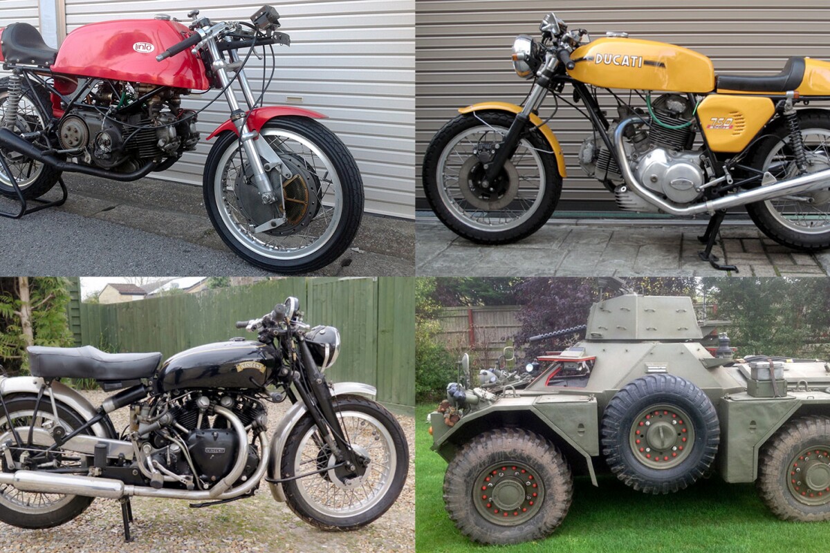 Some choice vehicles on sale include a 1959 Daimler Ferret armored reconnaissance vehicle ($15,000–19,000), a matching numbers 1952 Vincent Black Shadow (£55,000–60,000, $80,000–88,000), a rare Linto 500 GP racer (£90,000–110,000, $130,000–160,000), a Ducati 750 Sport with NCR 750SS Desmo heads (£24,000–26,000, $35,000–38,000), some delectable vintage and veteran road machines plus a plethora of vintage racing bikes. We've picked the eyes out of the sale.