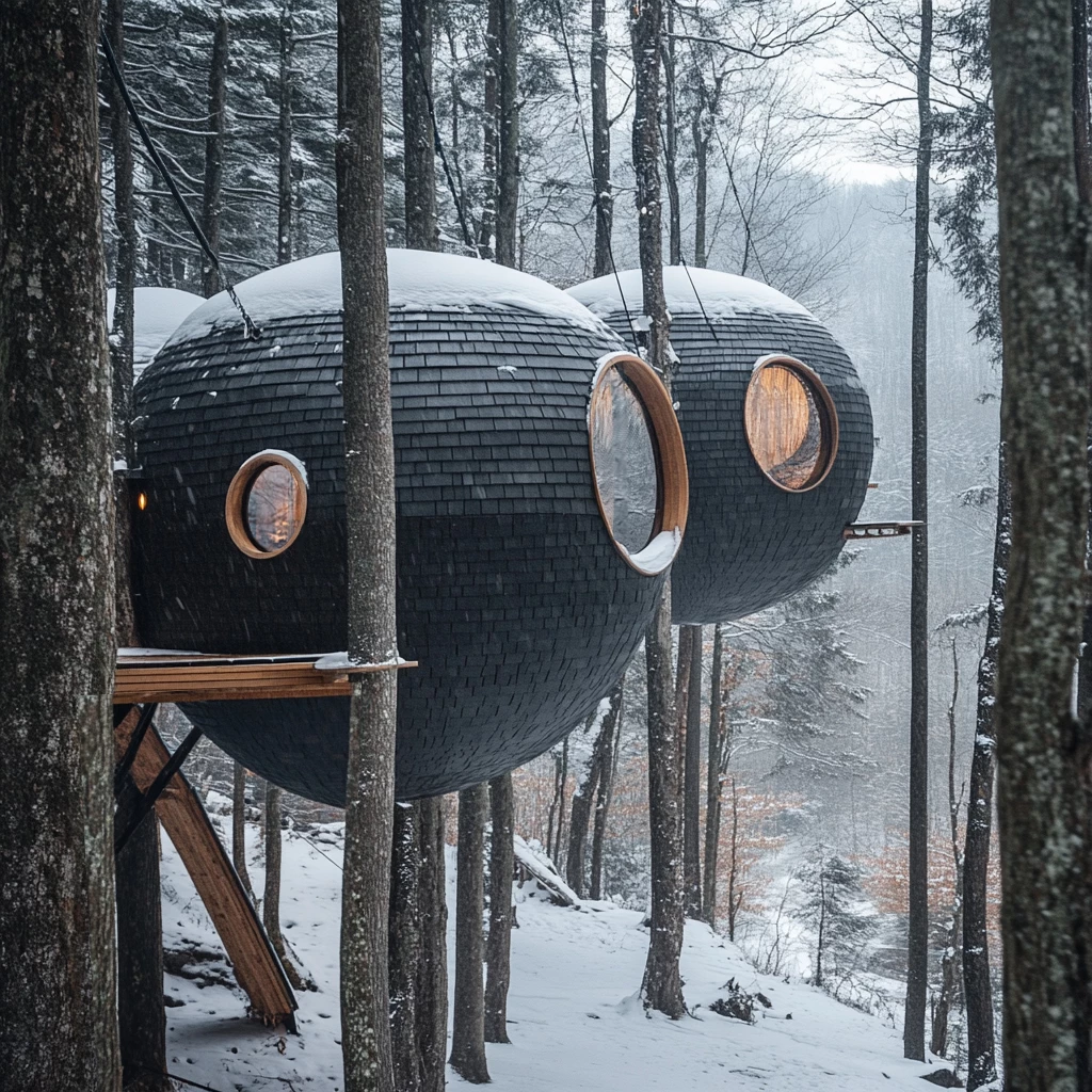 The pod-like floating treehouse blends in with its forest setting