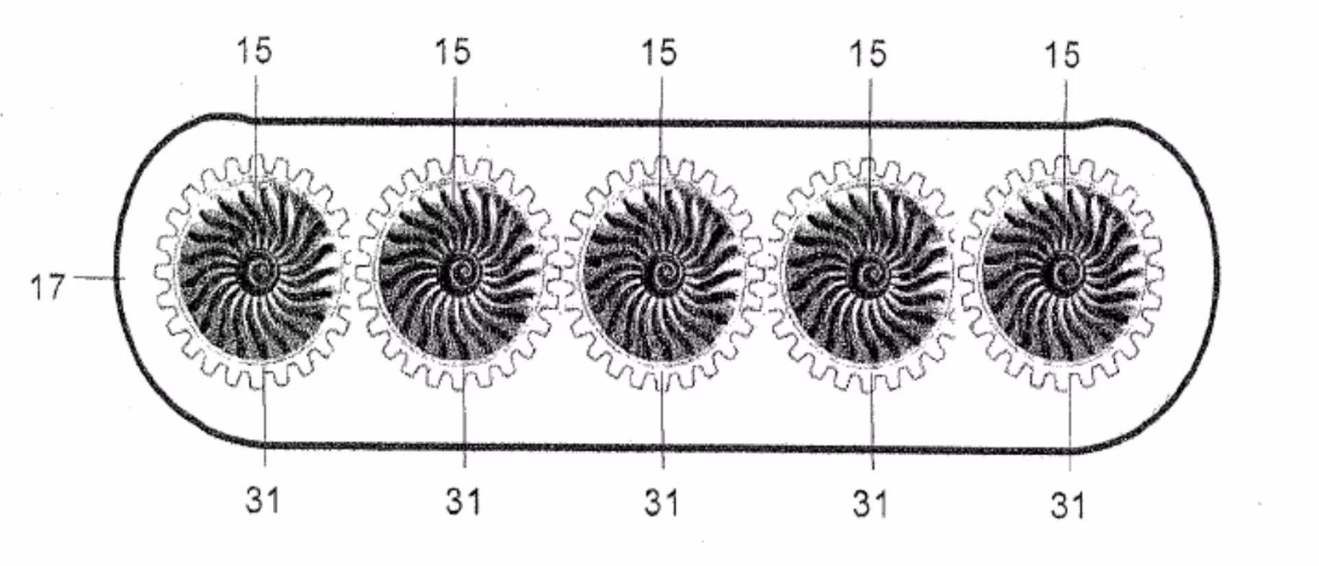 A series of fans linked by gearing