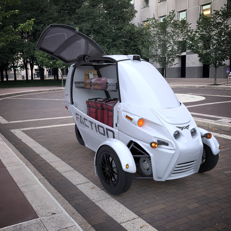 The Arcimoto D1 features "advanced sensors and safety systems" as well as Faction's DriveLink and TeleAssist technologies