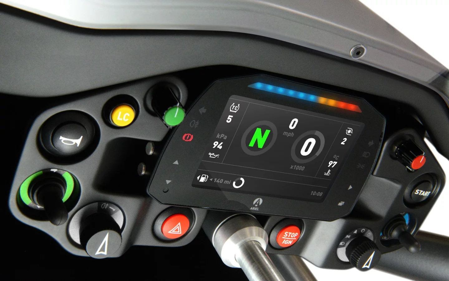 Ariel Atom 4: revised AIM dash and switchgear. Still no radio.