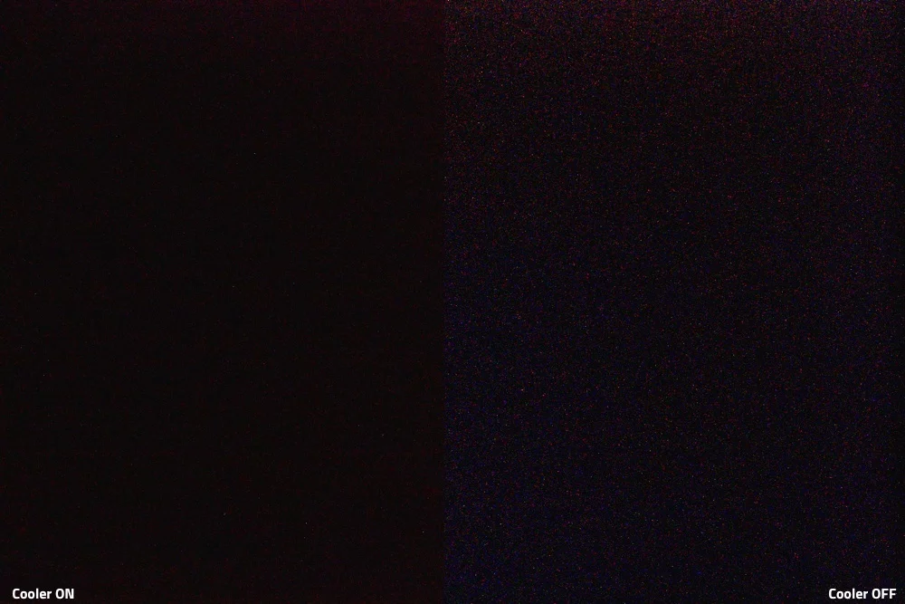 An image comparison with the cooling system on (left) and off (right), shot at ISO6400