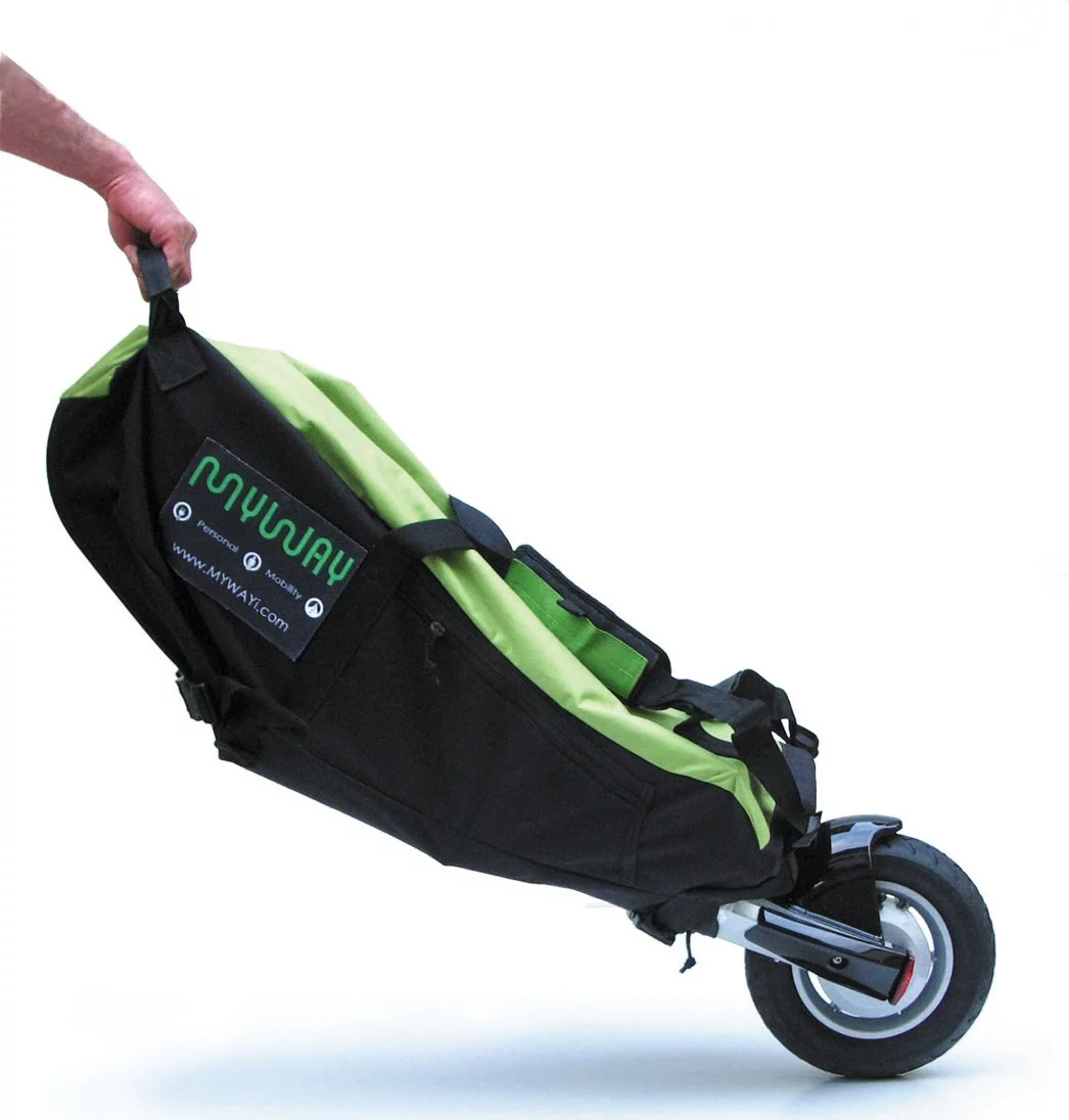 The MyWay Quick, folded and wrapped in its carry bag, can be wheeled alongside you