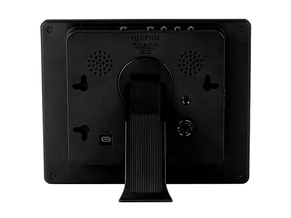 Rear view of the FinePix REAL 3D V3 viewer showing the built-in, adjustable kickstand