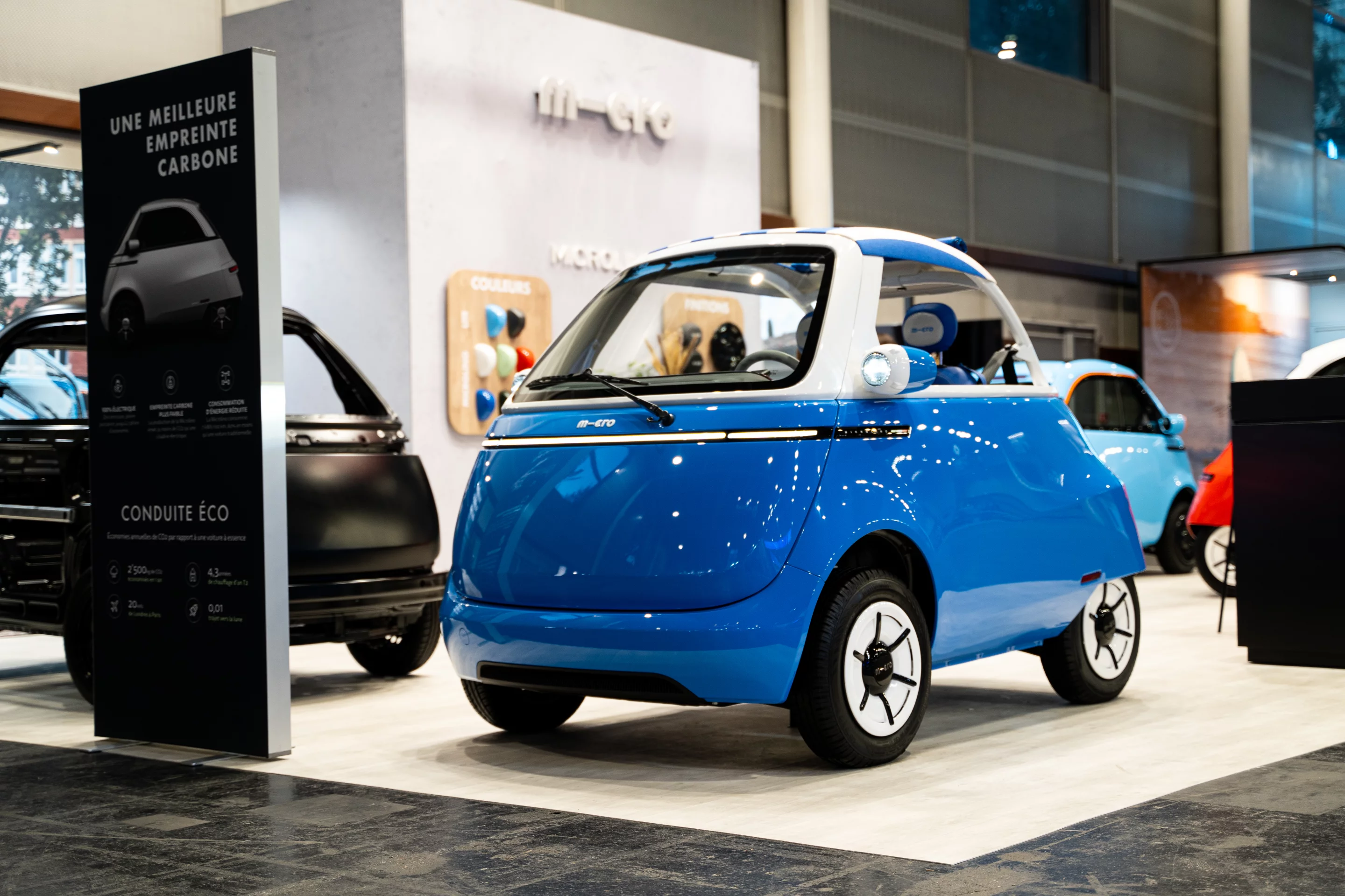 The Microlino Spiaggina and classic Microlino electric micro cars are at the 2024 Paris Motor Show
