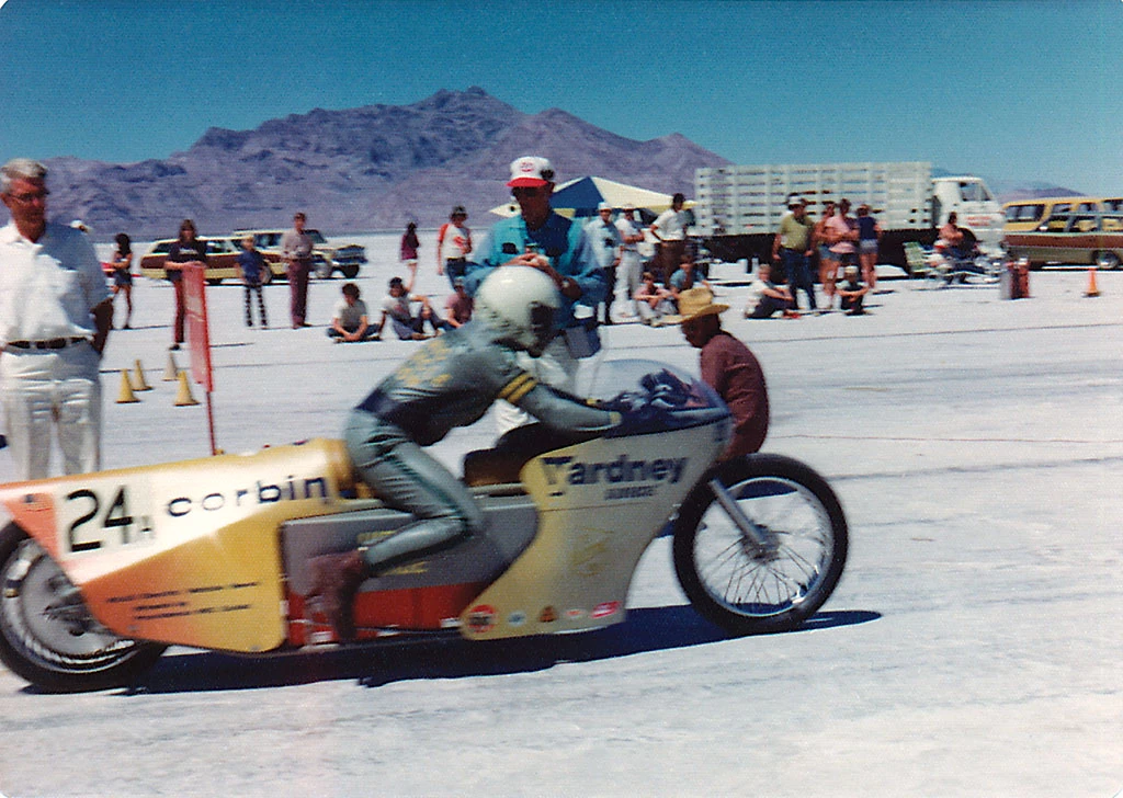 Mike Corbin and Quicksilver leave the Bonneville starting line, 1974