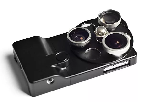 The iPhone Lens Dial features wide angle, fisheye and telephoto lenses, which swivel into place over top of the existing camera's lens