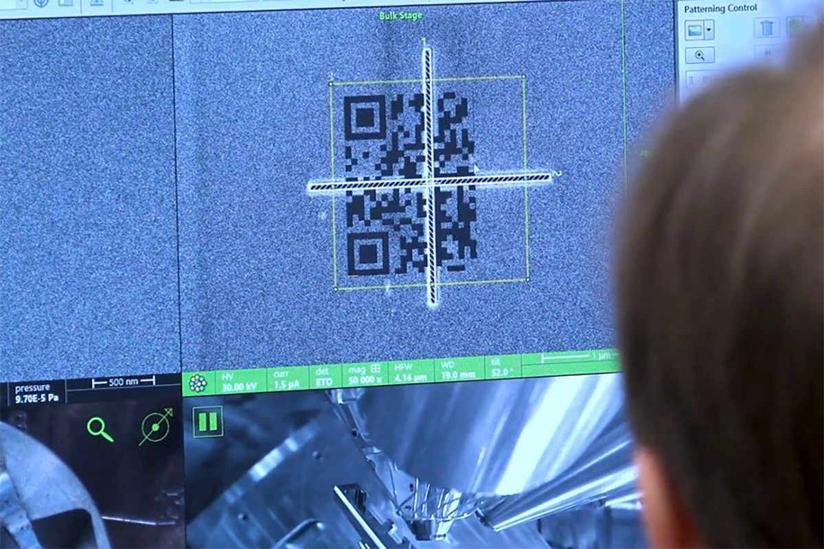 The QR code is 'written' on to a thin ceramic film using focused ion beams