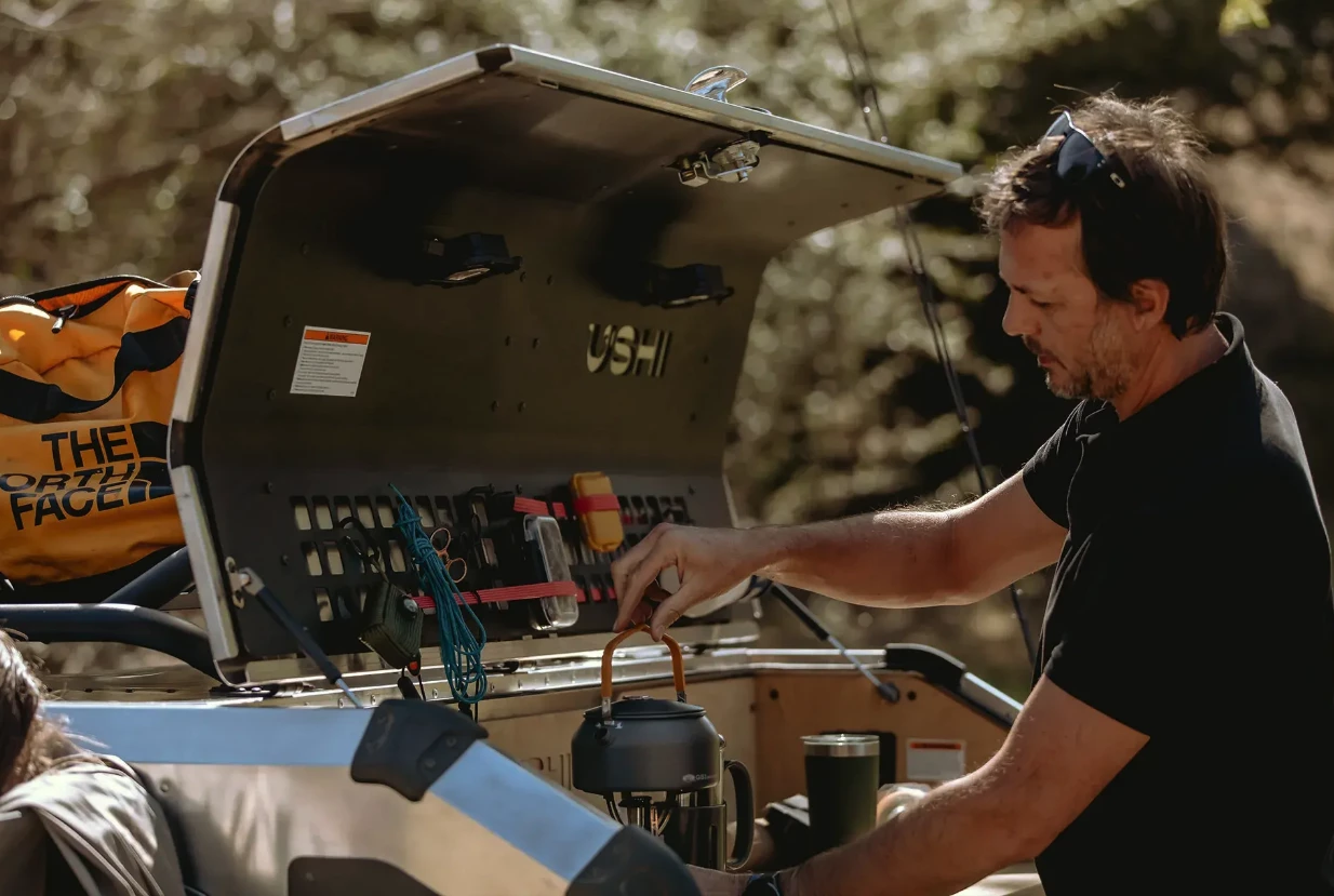 Ushi installed an inbuilt stove on a previous prototype, but chose to simplify the production model into an open bring-your-own-stove layout