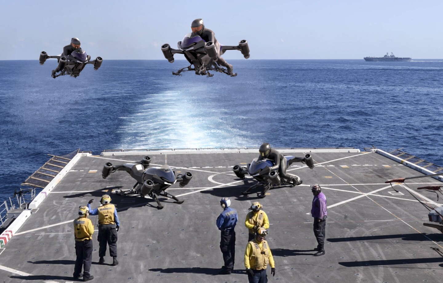 A mockup of several manned Speeders operating from the deck of a ship