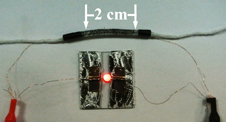 The Li-ion battery yarn powers an LED light (Photo: Wei Weng)