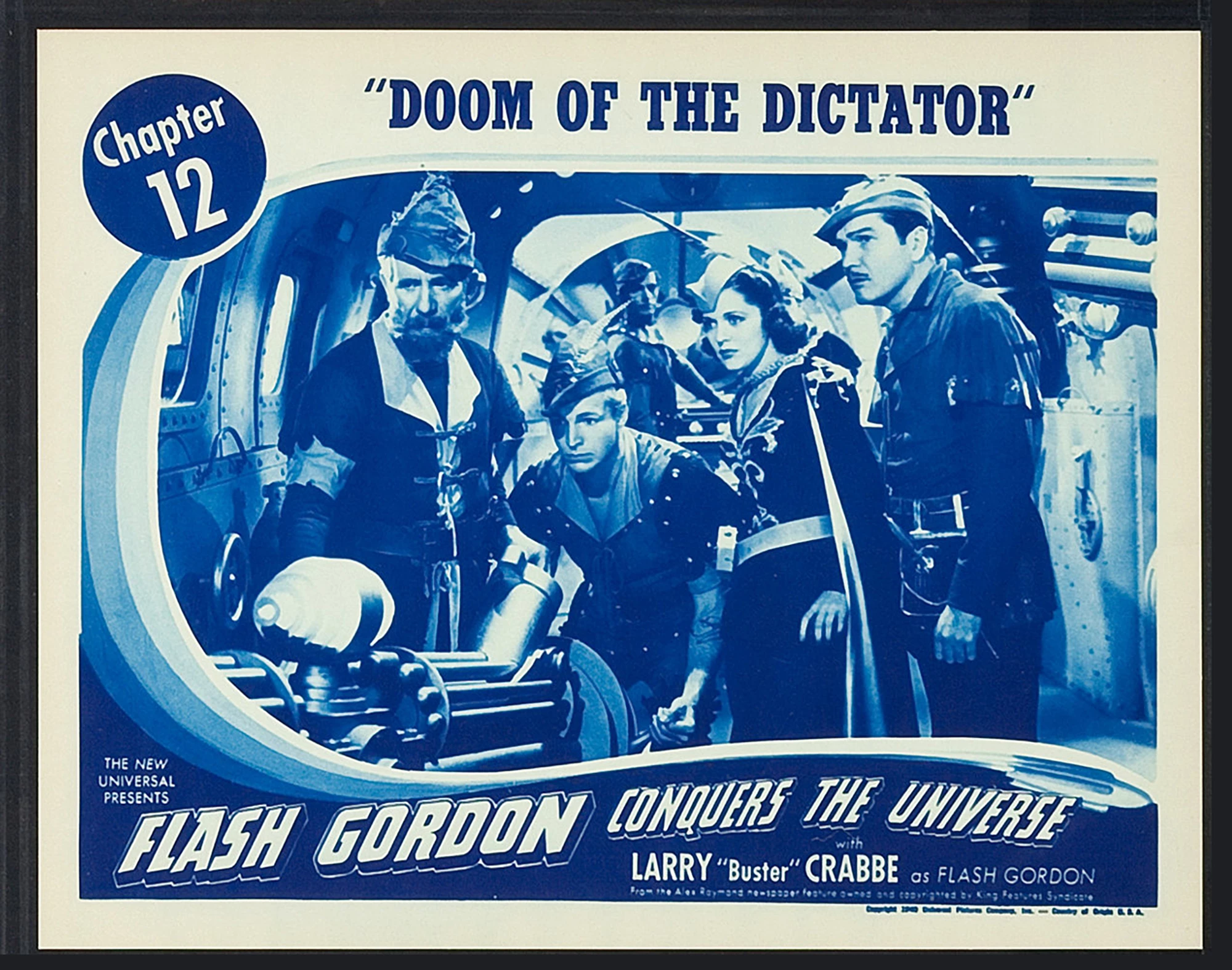 Flash Gordon was featured in three serial films: Flash Gordon (1936), Flash Gordon's Trip to Mars (1938), and Flash Gordon Conquers the Universe (1940). These movie serials were popular during the first half of the 20th century, consisting of a series of weekly episodes exhibited in consecutive order at theaters during the “shorts.” Each episode ended in a “cliffhanger” which helped to entice the audience back to the movie theater the following week for the next feature film, making the extremely popular Flash Gordon important to generating box office in movie theaters as audiences followed his adventures over months. Lobby cards such as this were important in promoting the next episode of the serial and are now highly sought after by collectors