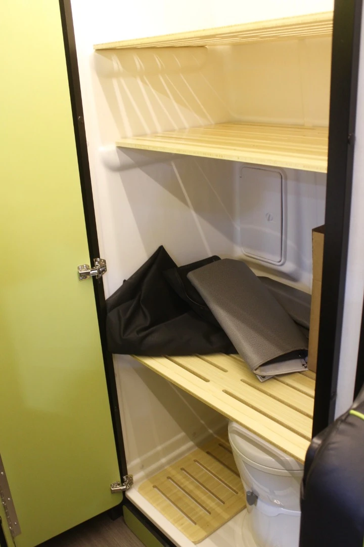 Another cool Revel feature is the adjustable bathroom shelving system that lets you dry out wet clothes and gear