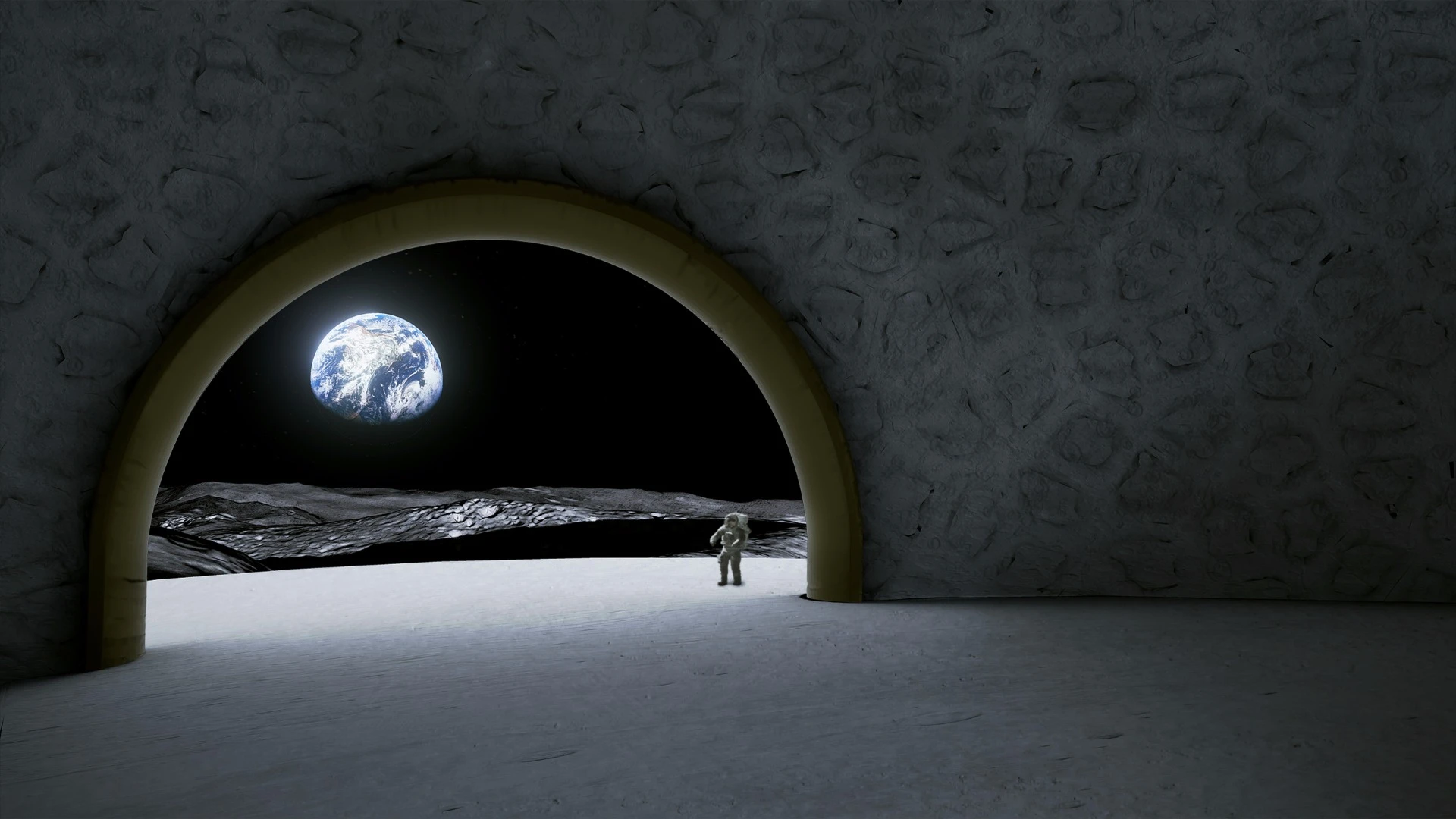 Artist's concept of an Earth-facing door embedded in the side of a 50-m tall lunar temple