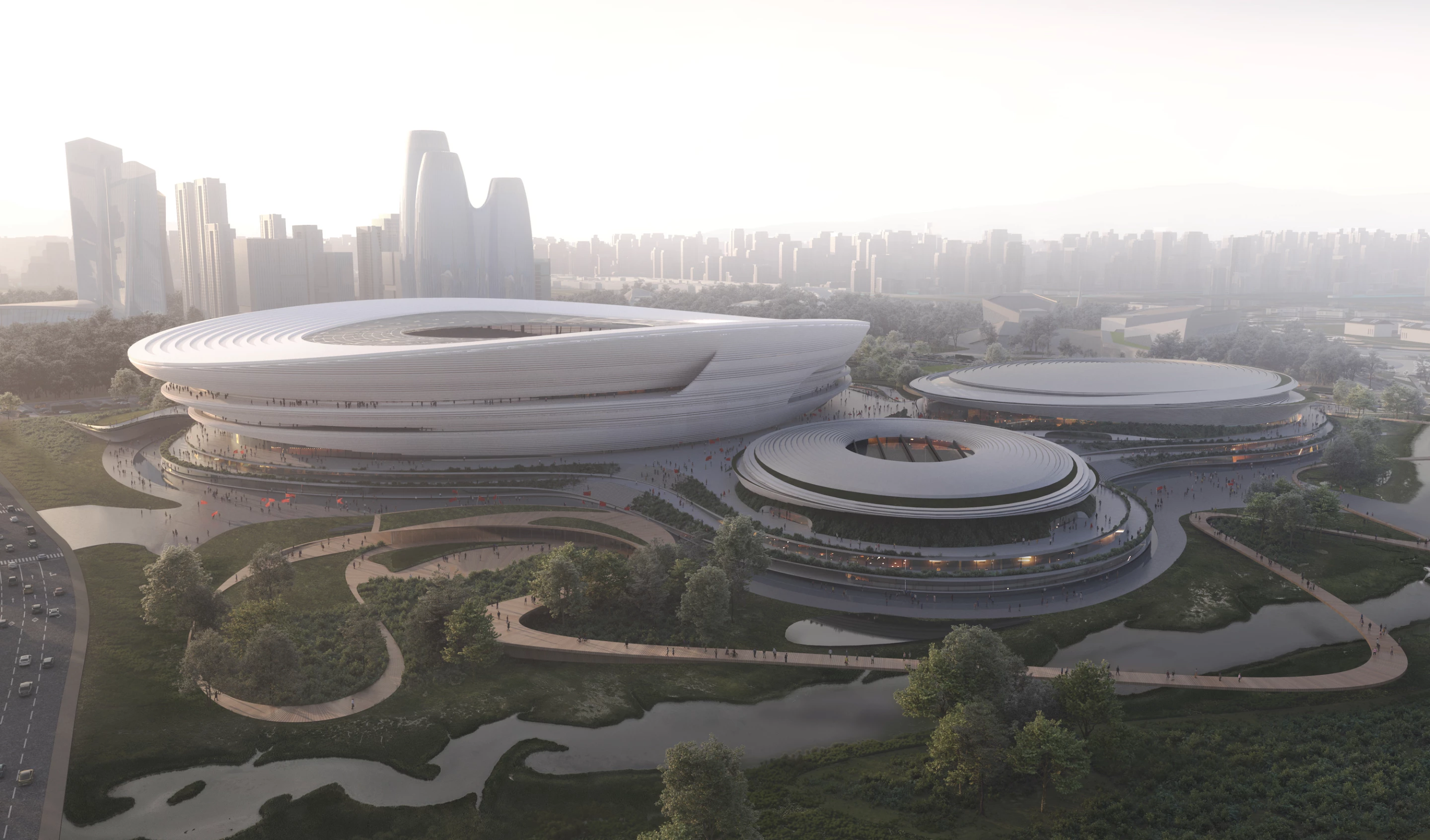 China's Hangzhou International Sports Centre will include a soccer stadium, an arena, and swimming pools