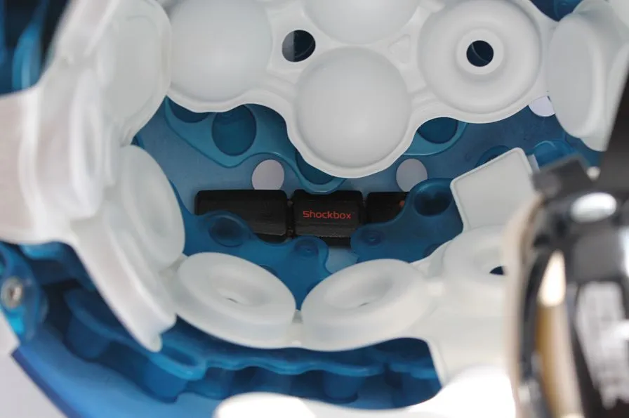 The Shockbox Sensor mounted inside a football helmet
