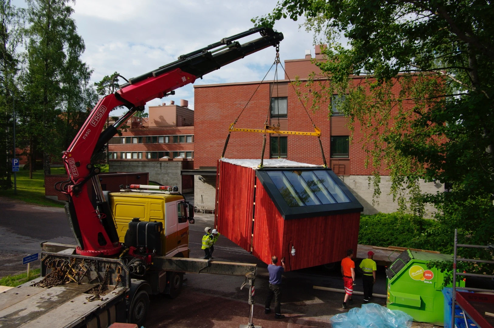It comprises three sections that are stacked atop each other using a crane