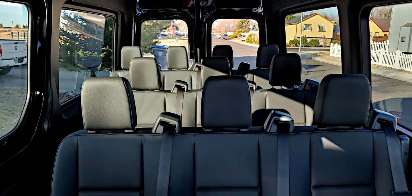 With the shortened benches for easier access to the rear seats, the Sprinter seats 10 plus two up front