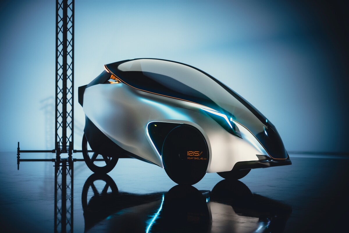 IRIS eTrike silver production model by Grant Sinclair, fully enclosed velomobile