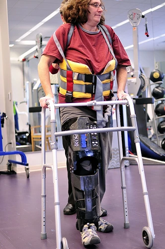 The Tibion Bionic Leg is a thigh-to-ankle device worn during therapy to help patients get their stroke-weakened leg to work with their unaffected leg