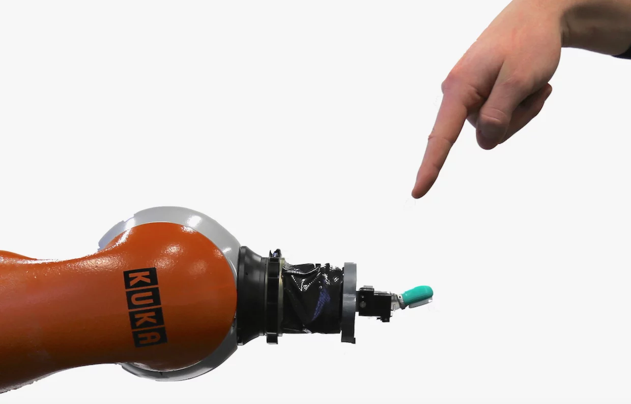 The researchers developed a pain-reflex controller for a BioTac fingertip sensor fitted to a Kuka robotic arm