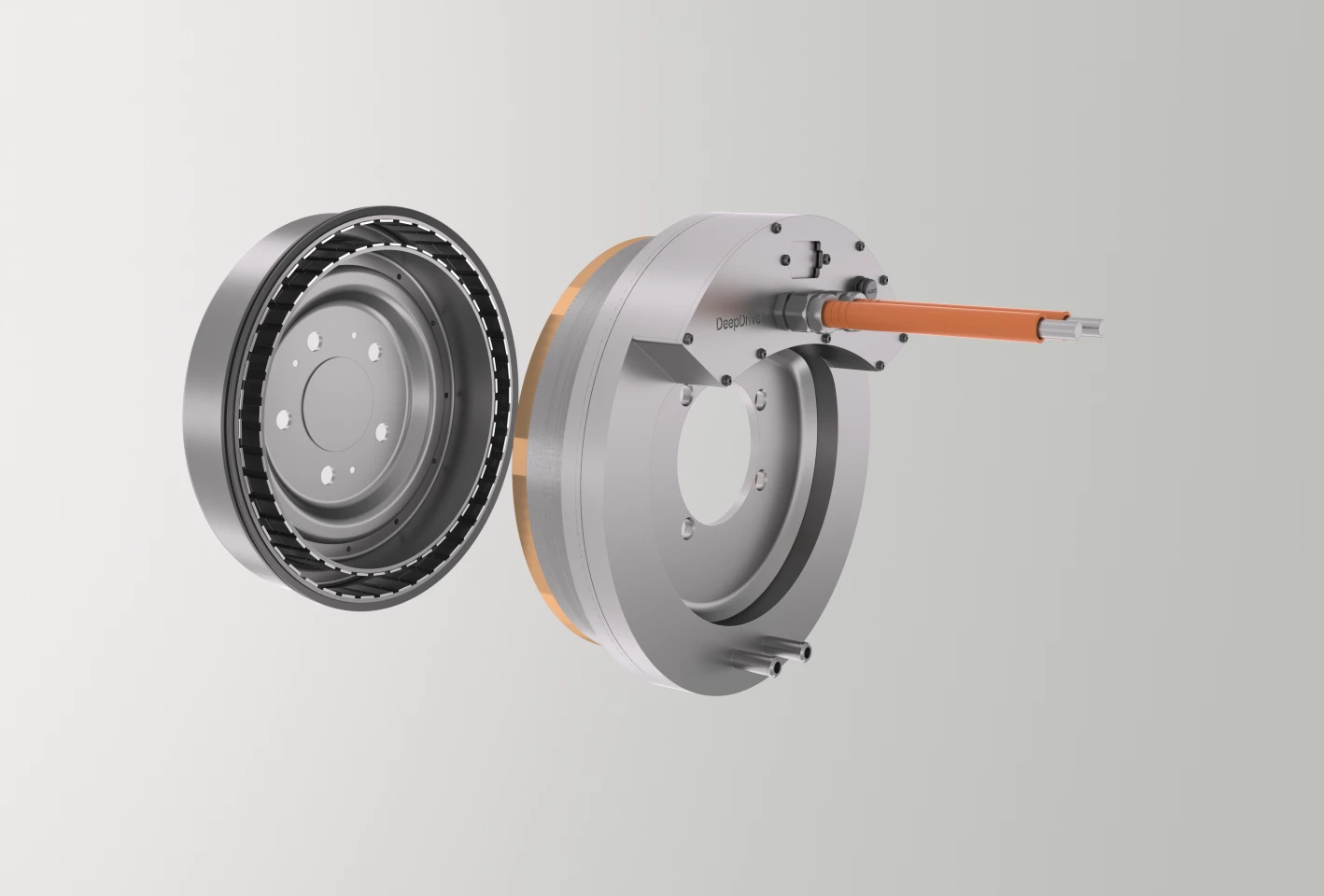 The stator on the right fits between the two toothy rotors to the left, powering them both simultaneously
