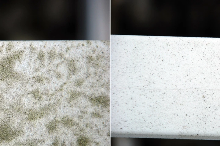 A plastic garden furniture armrest without (left) and with (right) a self-cleaning photocatalytic coating