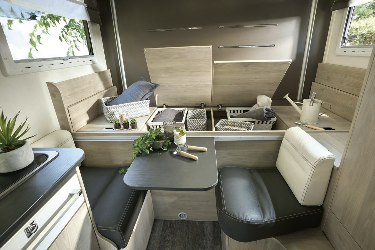 The rear "EasyBox" works as the base of the power-drop bed, a storage unit and a lounge chair