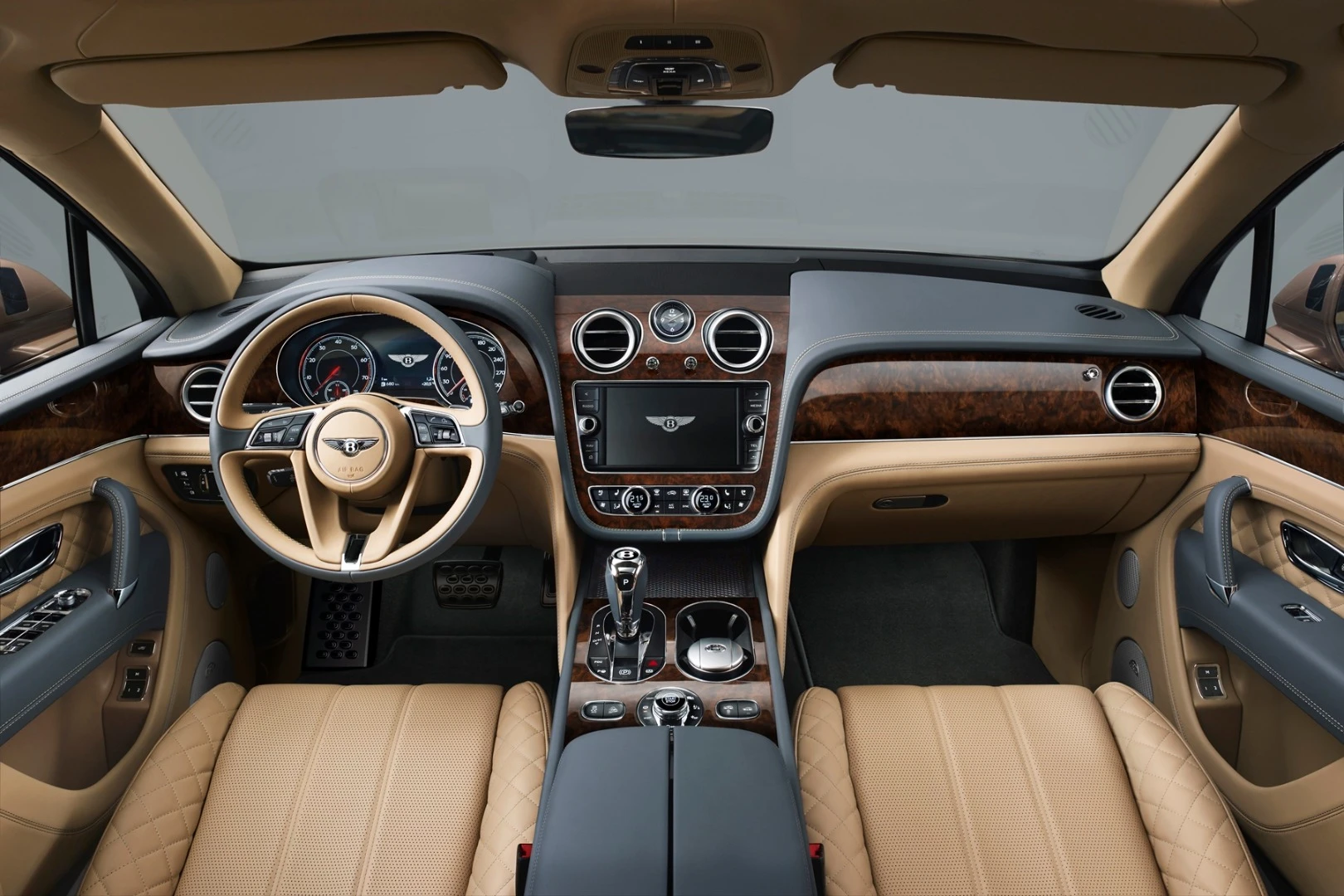 The Bentayga has metal, wood and leather elements throughout its interior