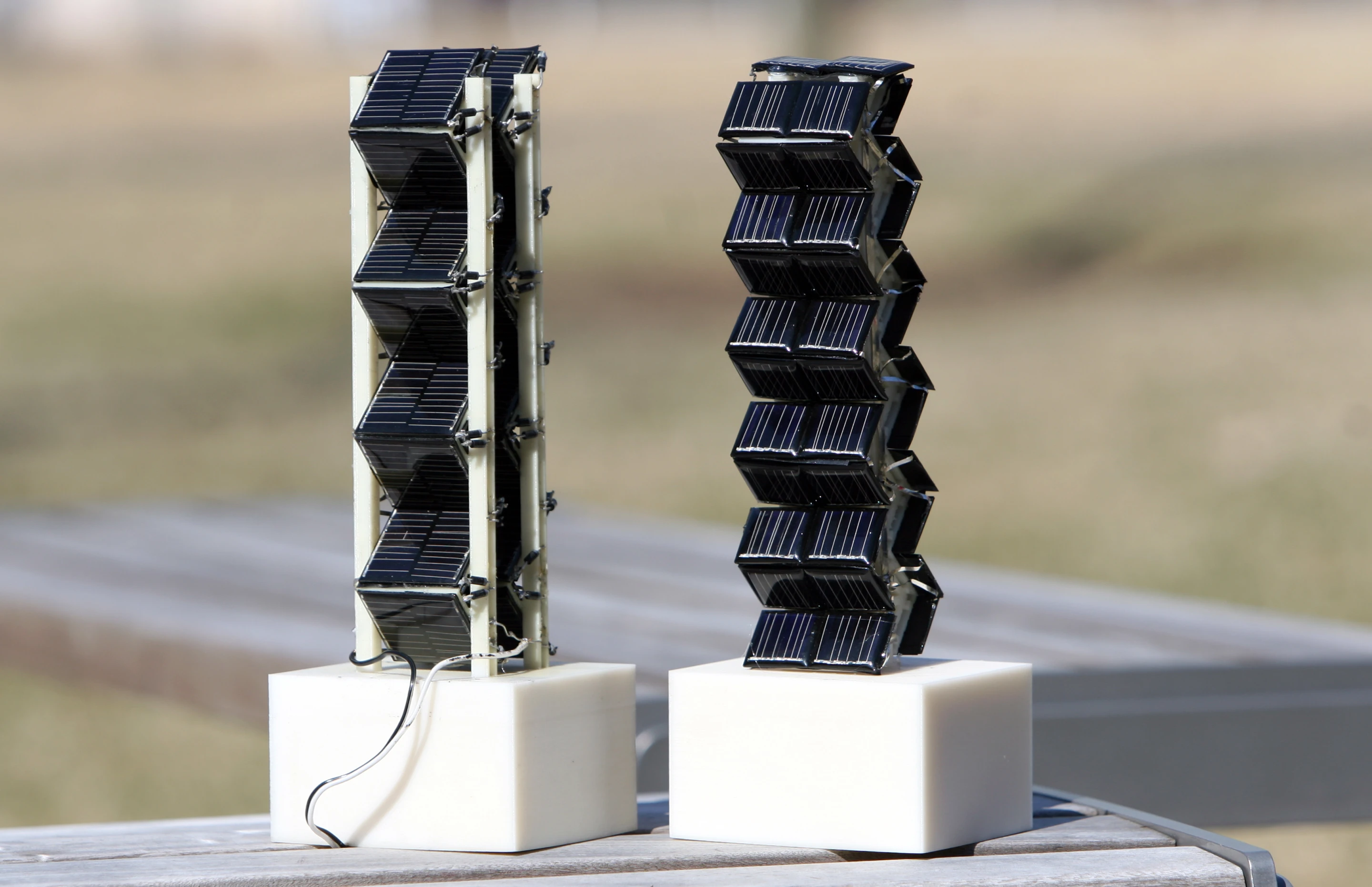 Two small-scale versions of three-dimensional photovoltaic arrays that were tested by MIT researchers (Photo: Allegra Boverman)