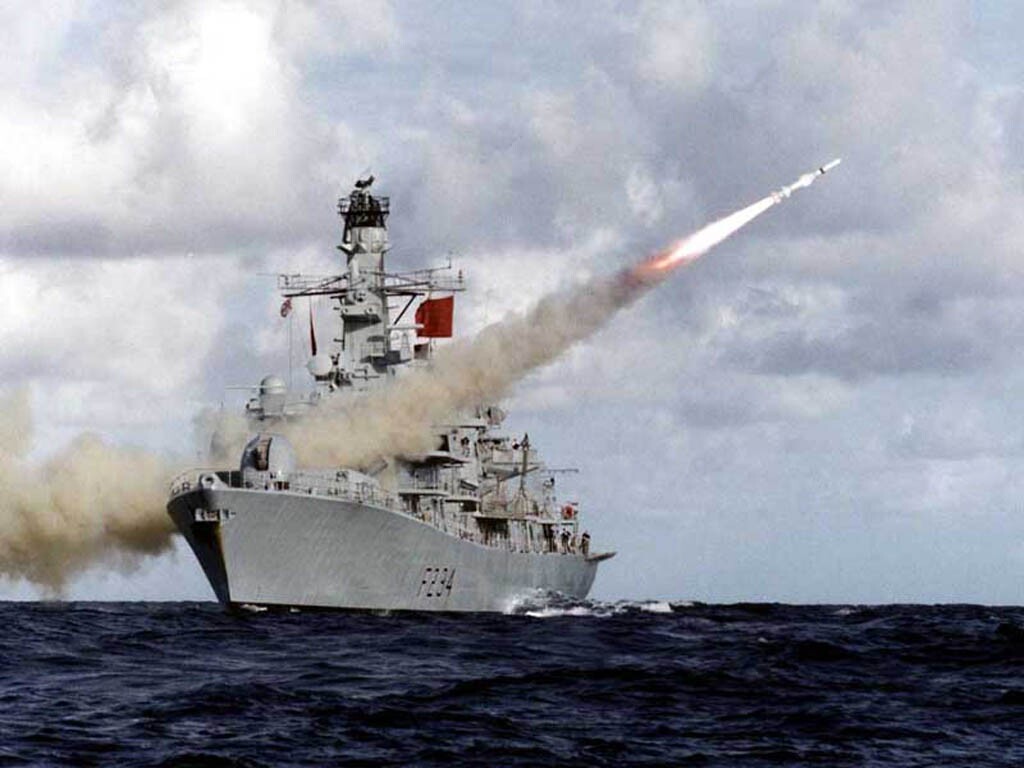 HMS Iron Duke firing a missile