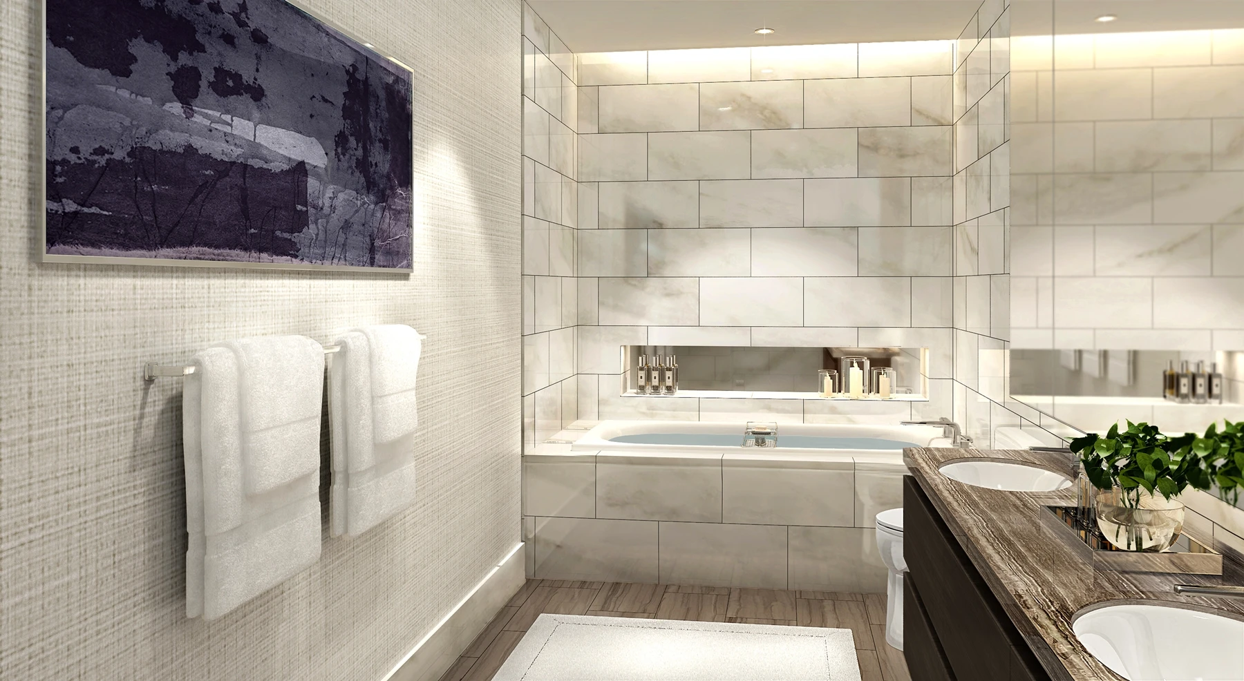 A master bathroom at the Vista Tower finished in an amethyst palette