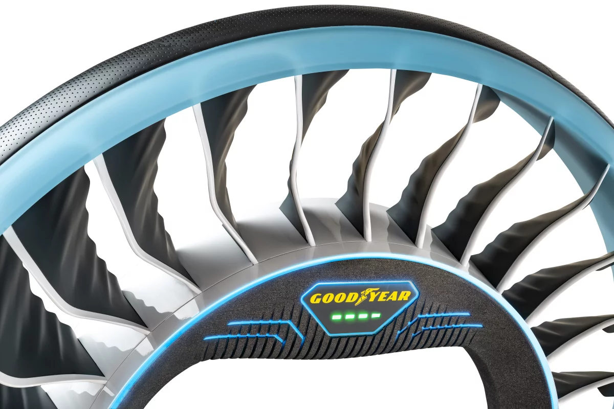 The non-pneumatic Aero tire features shock-absorbing spokes that double as rotor blades