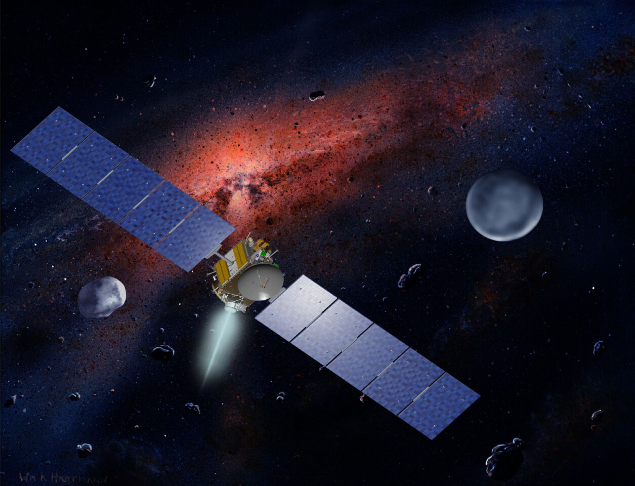 Artist concept showing the Dawn spacecraft with Ceres and Vesta (Image: William K. Hartmann Courtesy of UCLA)