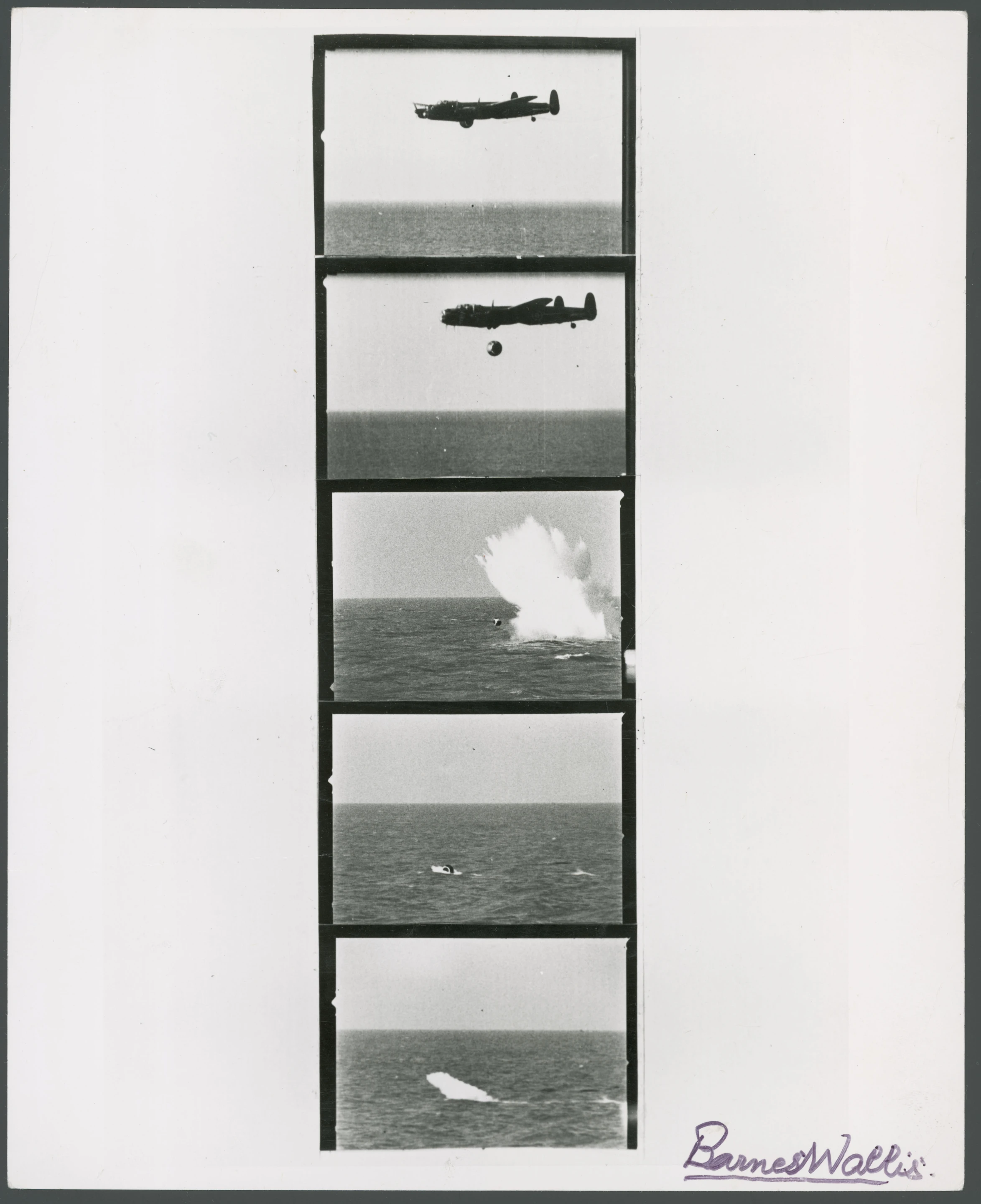 Film stills of a bouncing bomb trial, signed by Barnes Wallis (Photo: BAE Systems/SSPL)