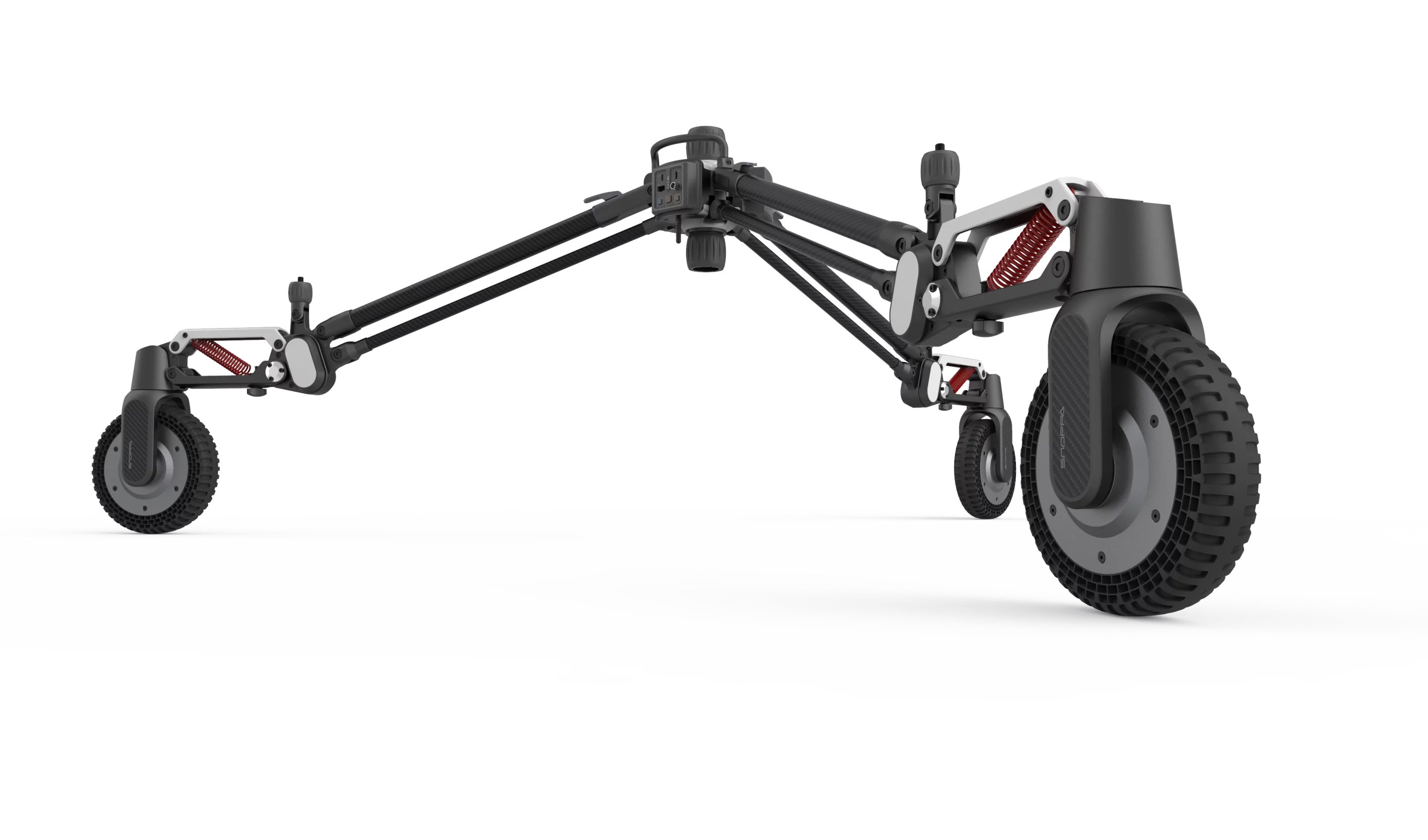 Large all-terrain wheels with active suspension, high-torque motors and 360-degree steering