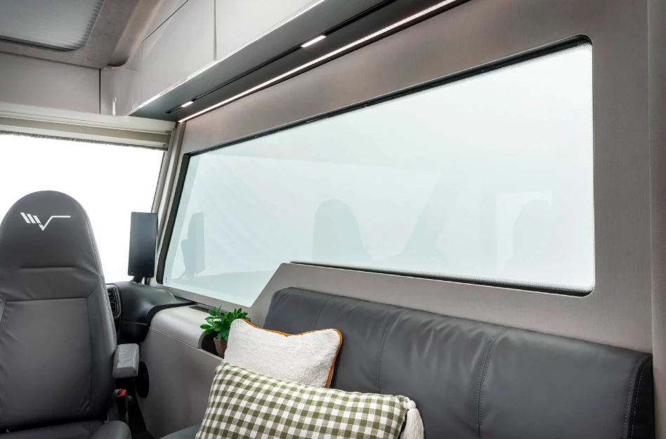 The power side glass easily switches between opaque for privacy to fully clear for views to somewhere in between