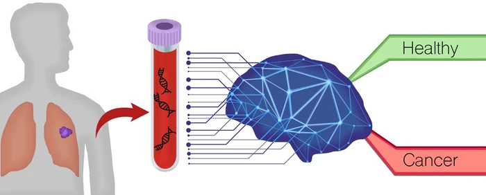 The blood test identifies lung cancer using AI to detect unique patterns in the fragmentation of DNA shed from cancer cells compared to normal profiles
