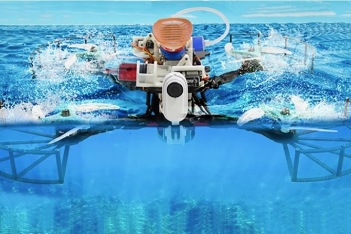 The drone transitions between aerial and underwater travel in less than half a second – its bioinspired disc is the orange part on top