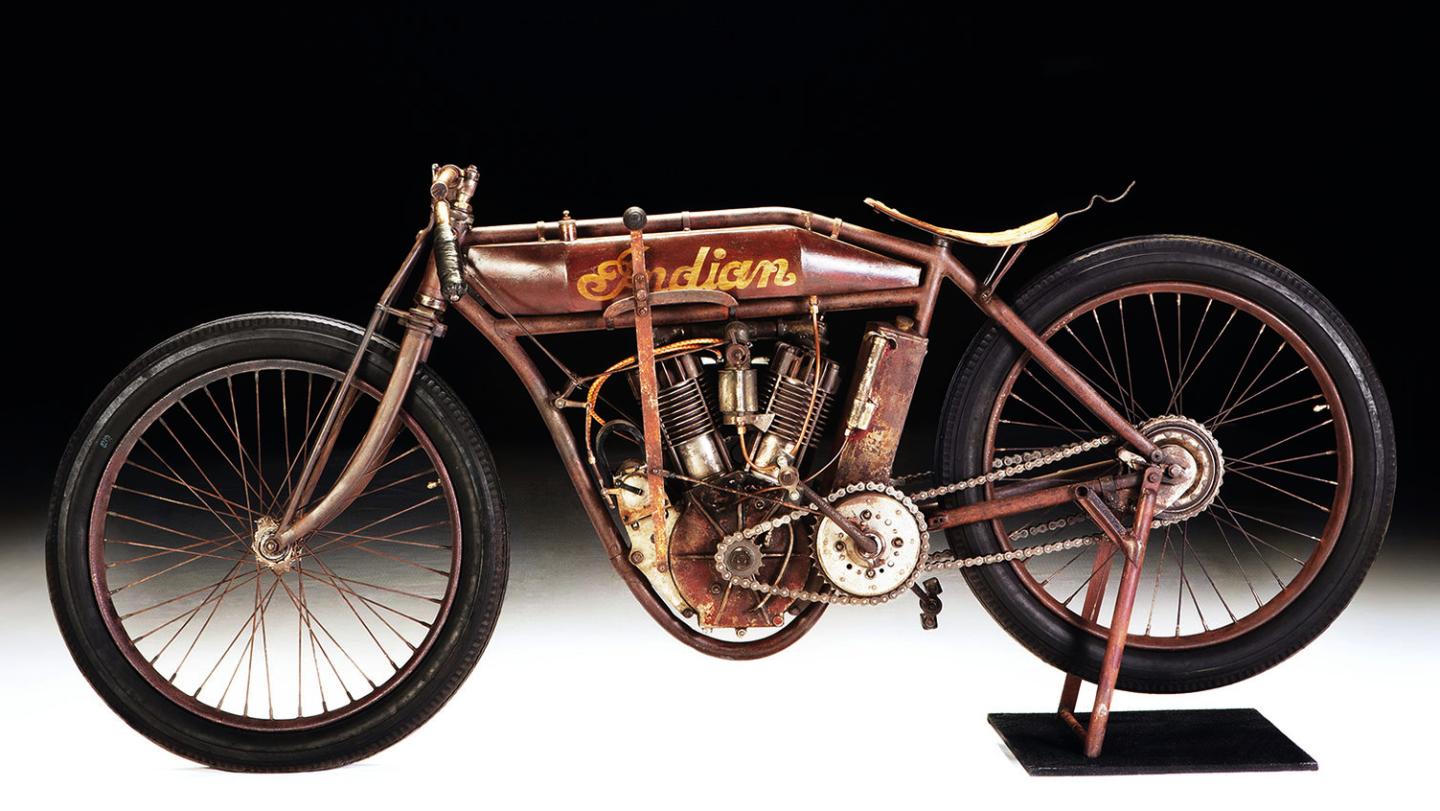 This largely original Indian board track racer from more than a century ago, still with the original paint, sold for $88,000.