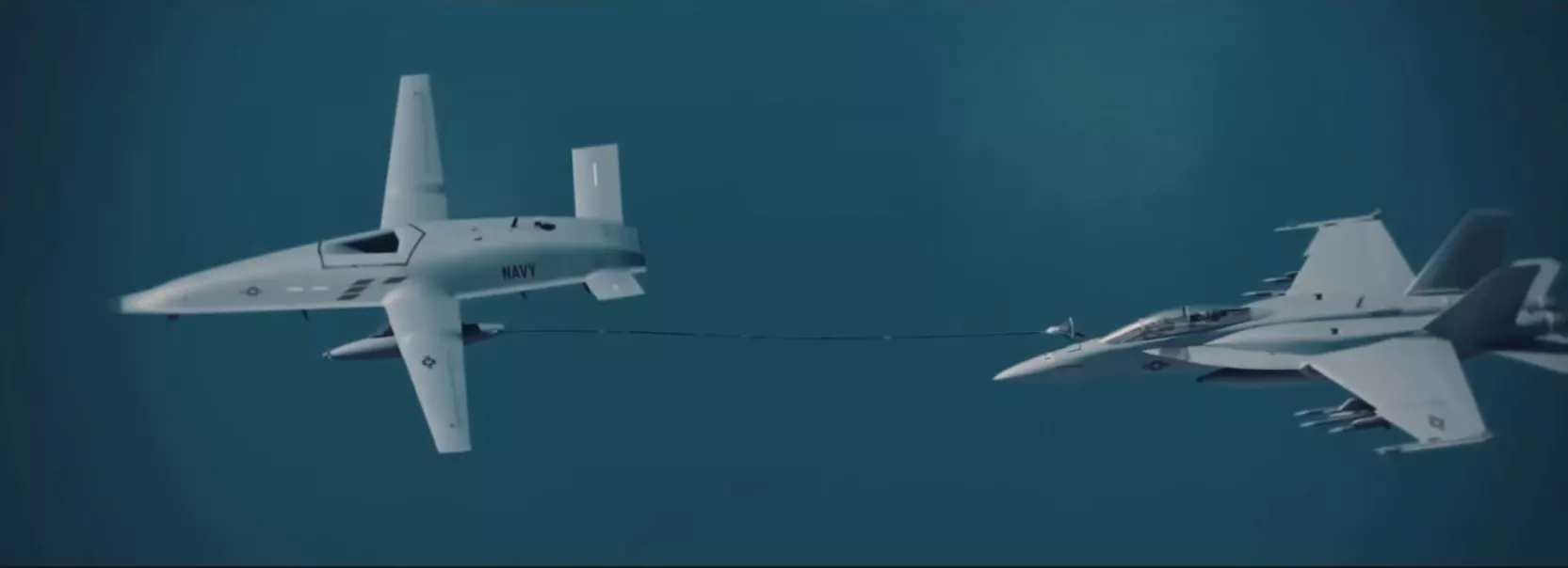 Artist's rendering of the MQ-25 (left) in operation