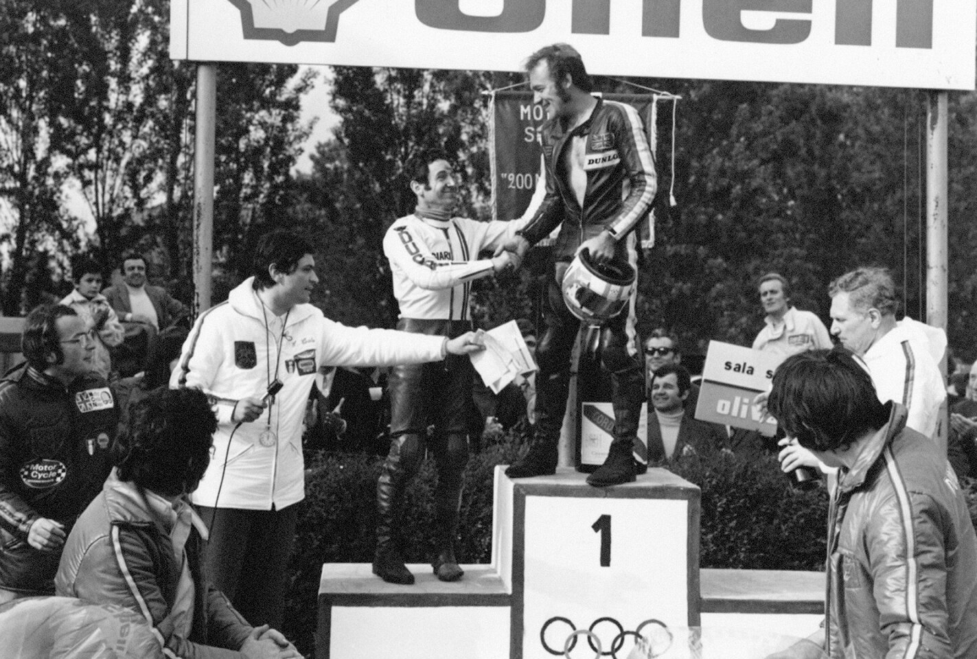 Paul Smart and Bruno Spaggiari on the victory dias as a new era of Ducati begins. Smart's version of events was written in the British newspaper, The Telegraph, and it is well worth reading.