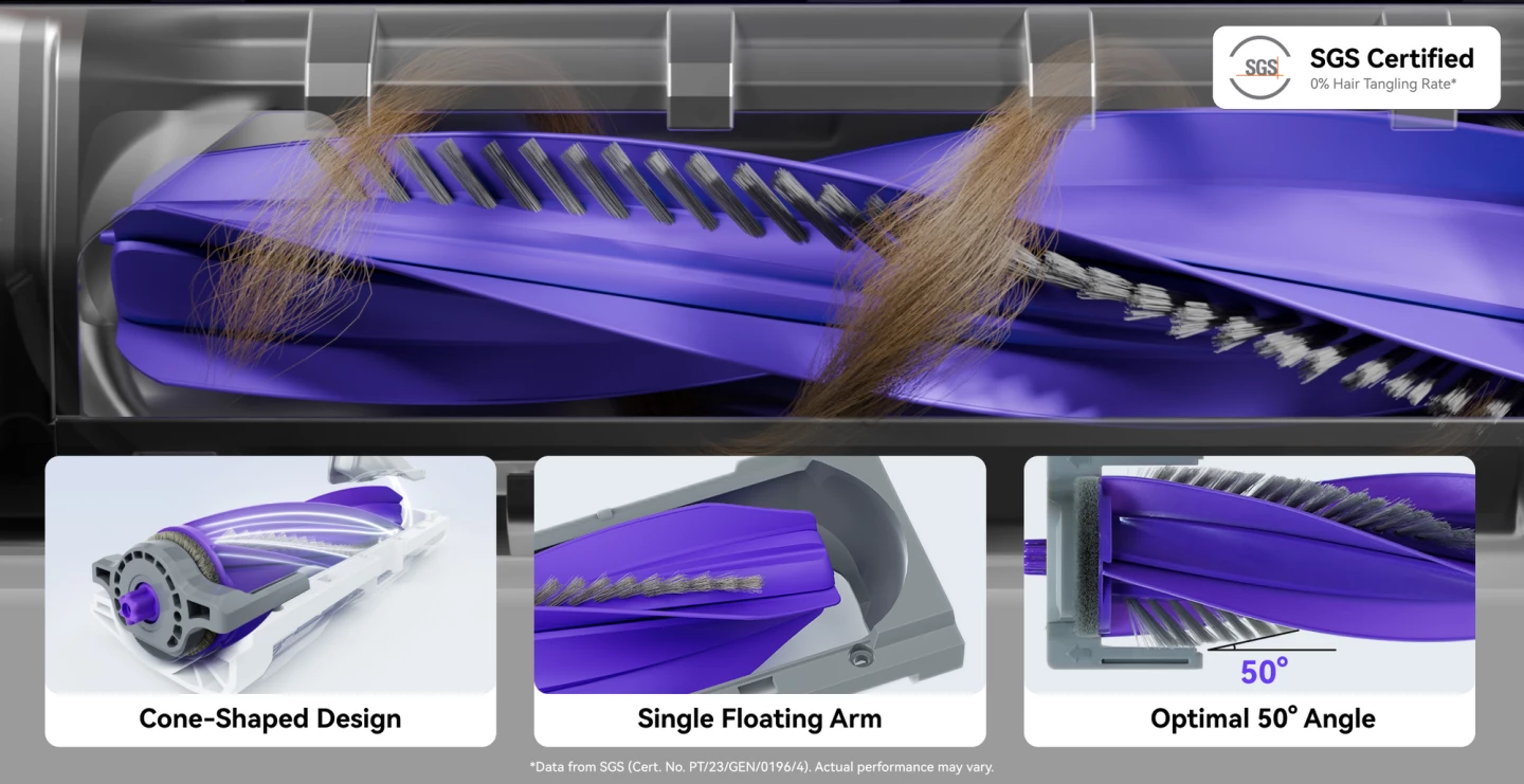 The main roller brush eliminates long hair tangles extremely effectively