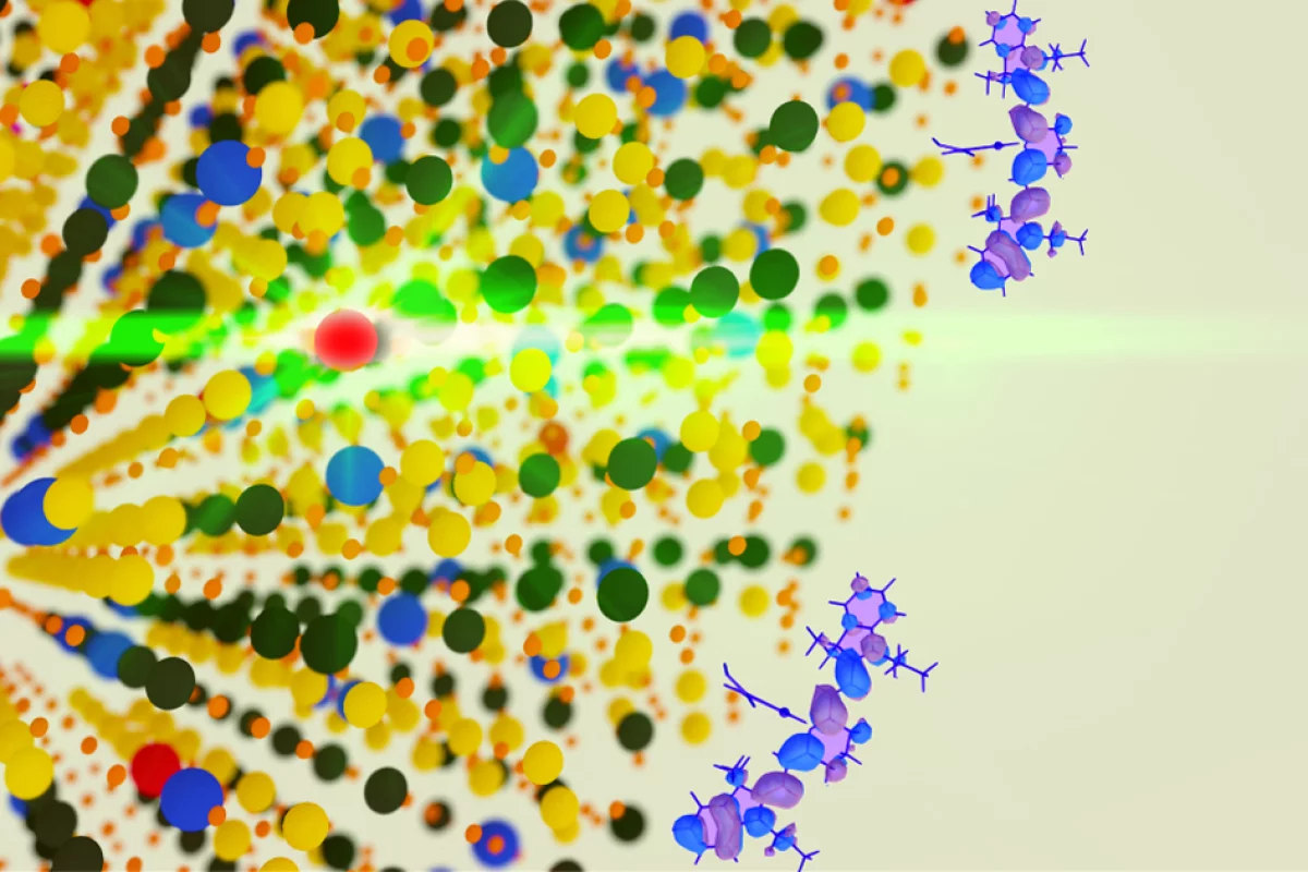 A close-up artist's rendition of an upconverting nanoparticle: after the nanoparticle has absorbed infrared light, an erbium atom (red) emits it as visible green light, and the blue and purple molecules are dyes that improve the function