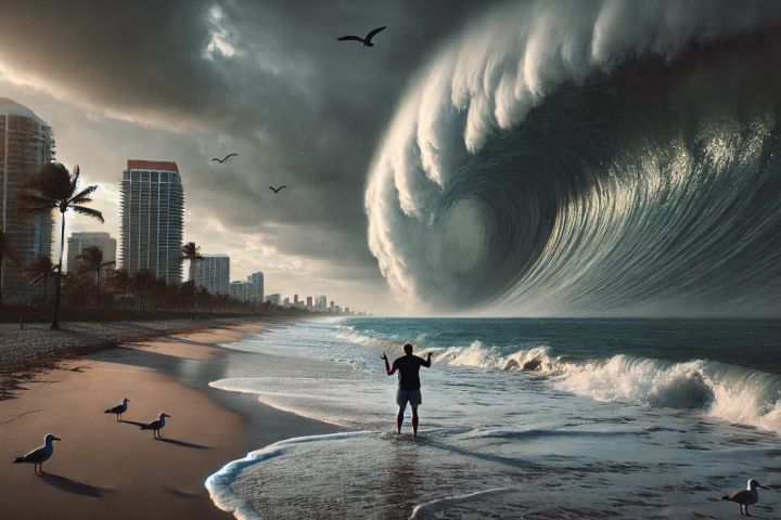 Megatsunamis, could pose an increasing threat, as illustrated here by AI