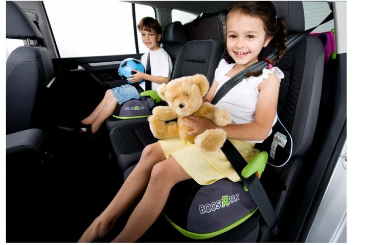 Safety first - the BoostApak quickly changes from a child's backpack with a storage compartment into a booster seat