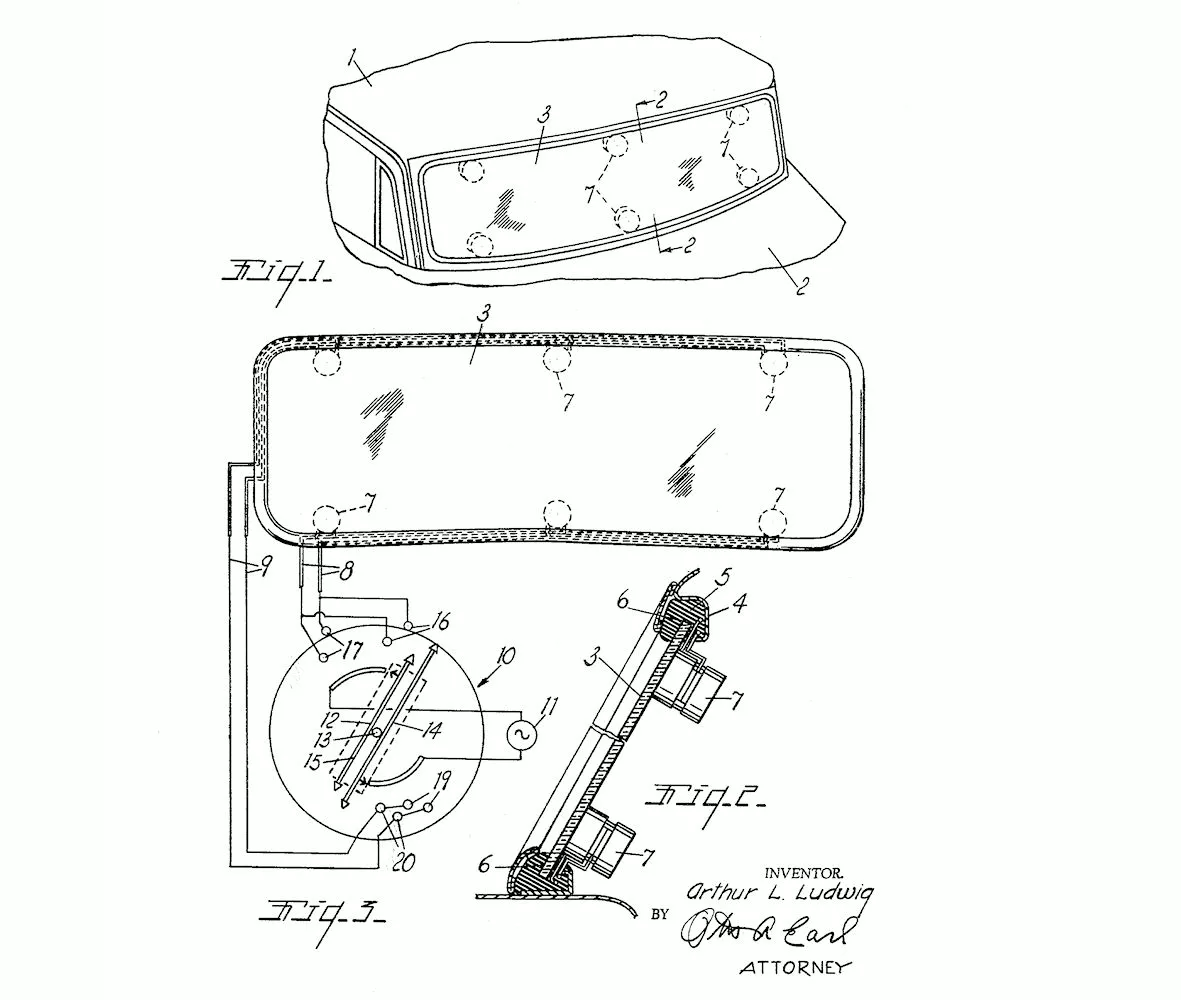 Arthur Ludwig's design for an ultrasonic windshield washer from his 1963 patent application (Image: US Patent 3171683 A)